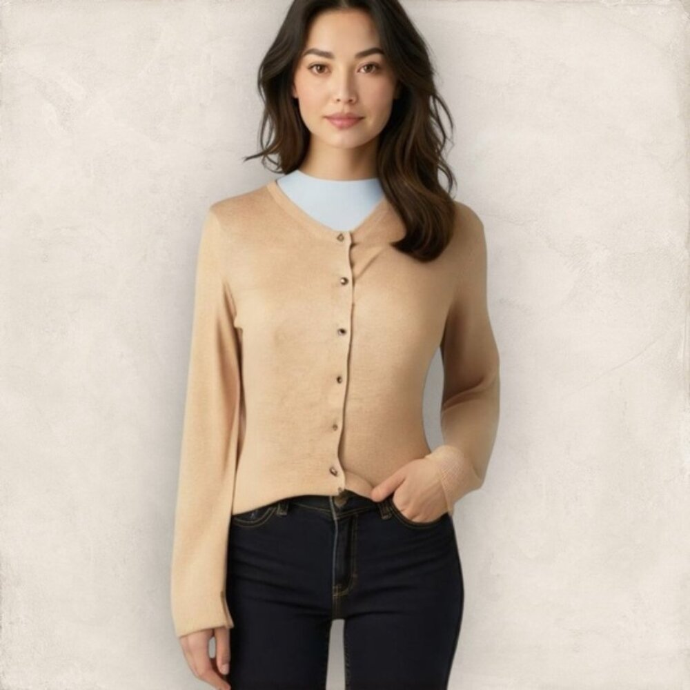 PURE Alfred Sung Beige Cashmere Blend Classic Button Front Cardigan Size XS